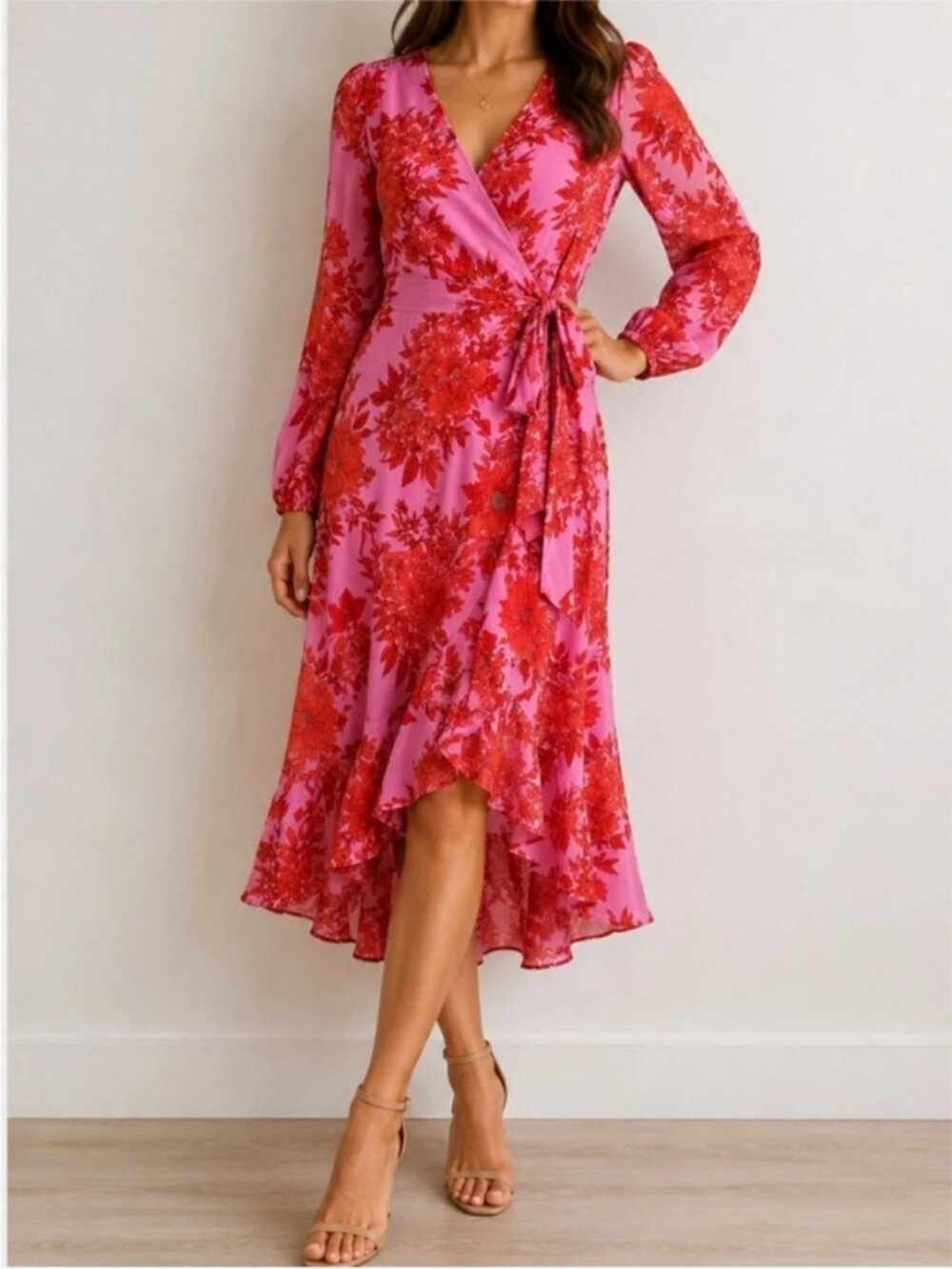 cabi Drama Dress L 5614 Pink Orange Floral Wrap Midi Boho Resort Kimono Duster